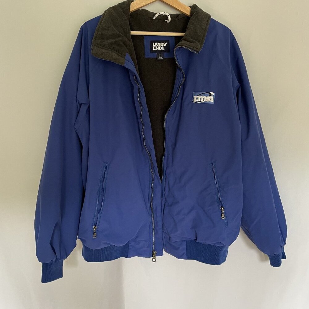 Lands' End blue sz L fleece lined windbreaker coat pmsi decal nylon warm fall
